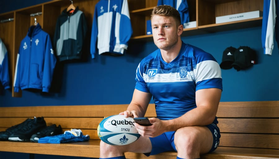 Quebec rugby player on a locker room bench holding an open wallet and smartphone next to a rugby ball, lit by soft side light, with blurred lockers, teammates, and a blue-and-white fleur-de-lis flag in the background.