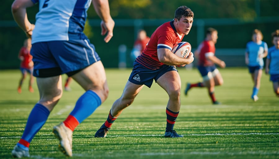 Overhead view of rugby equipment including boots, mouthguard, tape and registration documents