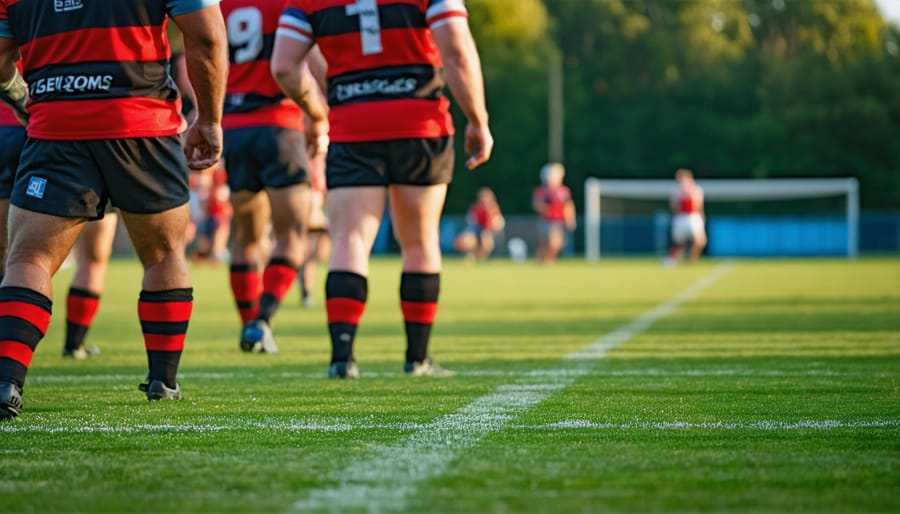 Rugby player sitting at table reviewing bills and financial documents with concerned expression