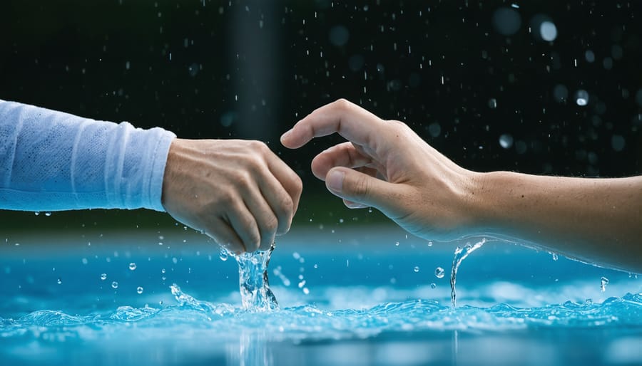 Two rugby players having supportive conversation on sideline of practice field