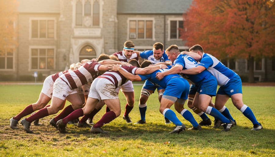 Low-angle photo of two rugby teams, one in maroon-and-white striped jerseys and one in Quebec blue and white, locking into a scrum at sunset on a grassy field with a blurred historic stone school building and autumn maple trees behind them.