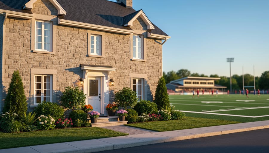 Stone-faced Quebec house in warm evening light with a rugby field and clubhouse softly blurred in the background as families walk toward a match.
