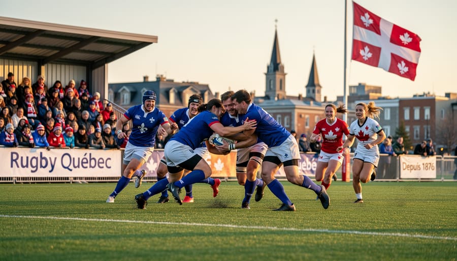 Youth rugby players in action during match on Quebec playing field