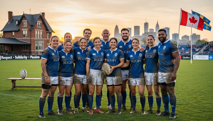 Diverse group of rugby players in Quebec embracing in post-match show of sportsmanship