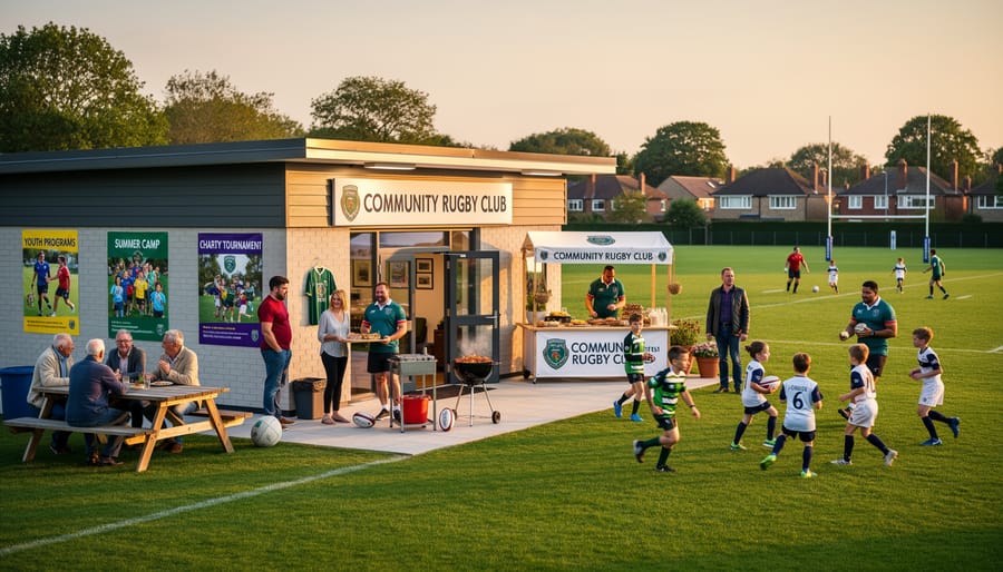 Rugby clubhouse serving as community gathering place with diverse residents socializing