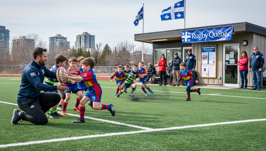 Coach and young rugby players gathered with a rugby ball near training cones at a Quebec club