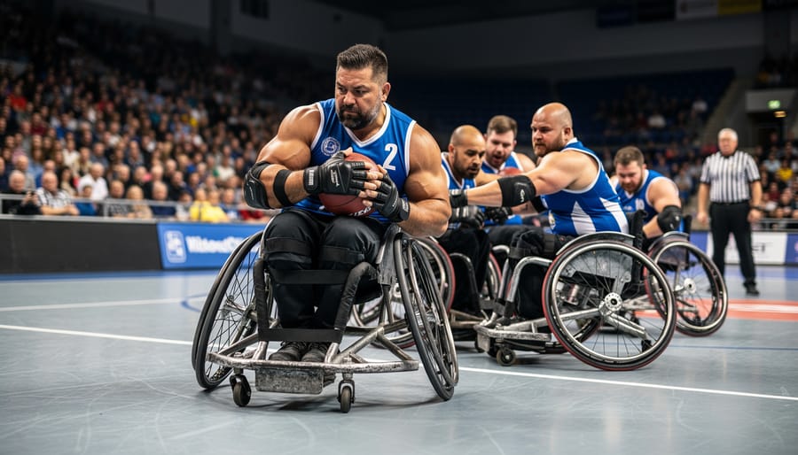 Wheelchair rugby player in protective equipment making legal contact during play on an indoor court