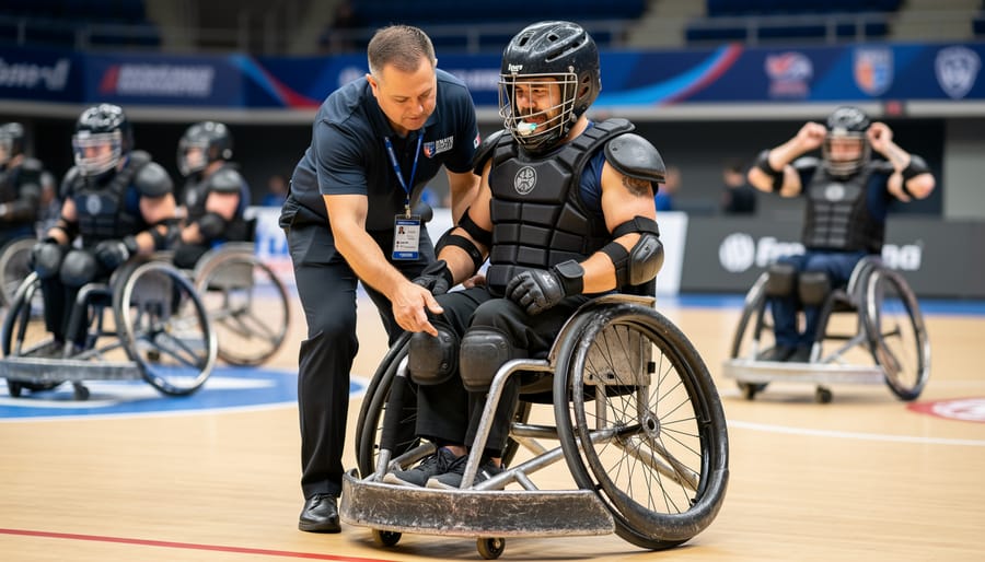Close-up of wheelchair rugby protective equipment including spoke guards and padded gloves on a table