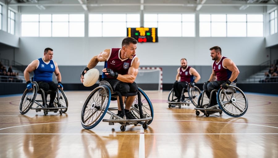 Wheelchair rugby players in motion on an indoor basketball court, with one athlete carrying the ball and teammates bracing near the goal end.