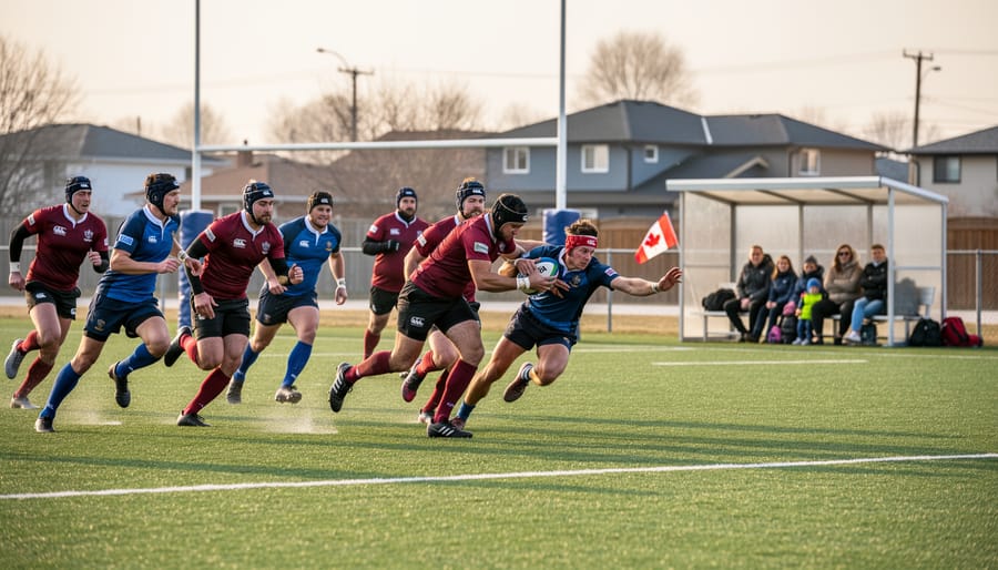 Rugby players in a tackling moment during a match on a Canadian grass field
