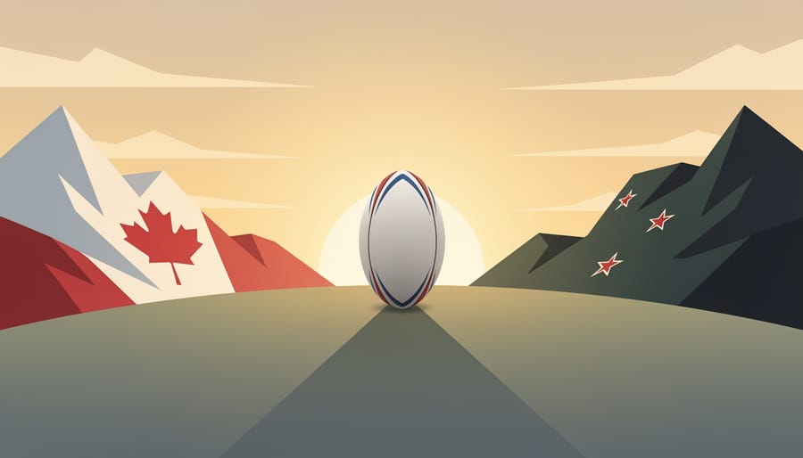 A rugby ball resting on grass at dusk with blurred players in the background during a training or match moment.