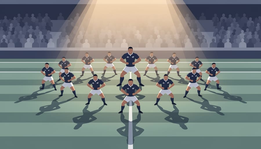 All Blacks haka formation on the rugby field with players standing in formation under stadium sunlight