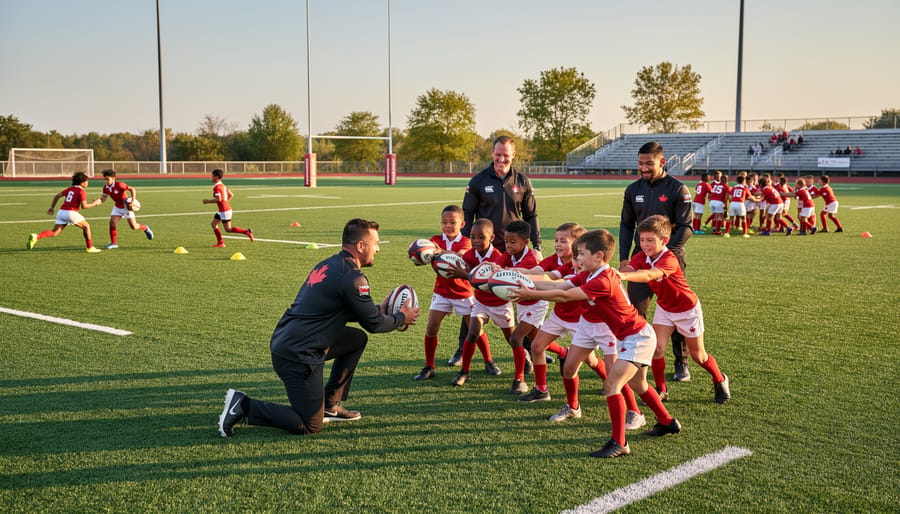 Canadian youth rugby players and a coach practicing passing on a grass field during a community training session.
