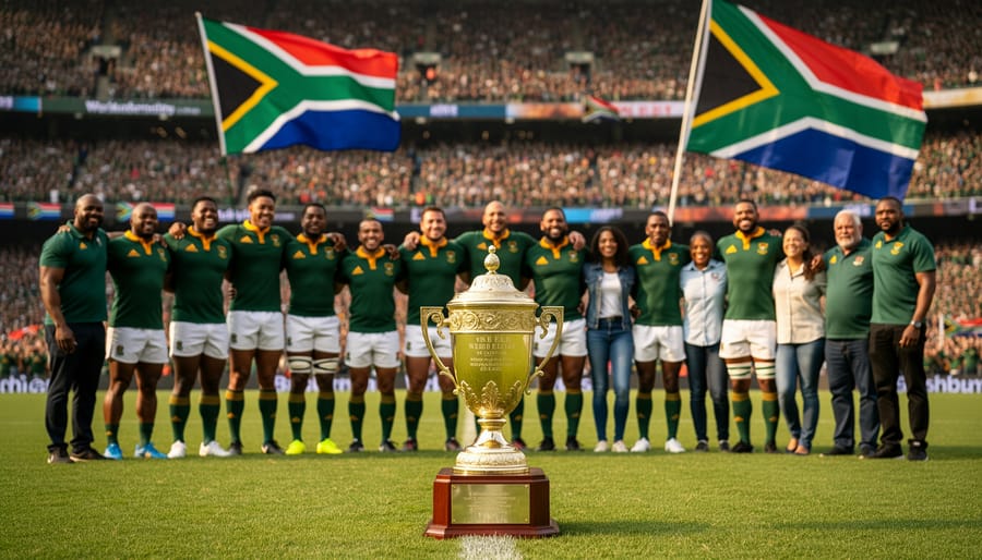 Nelson Mandela and Francois Pienaar holding up the Webb Ellis Cup on a stadium podium