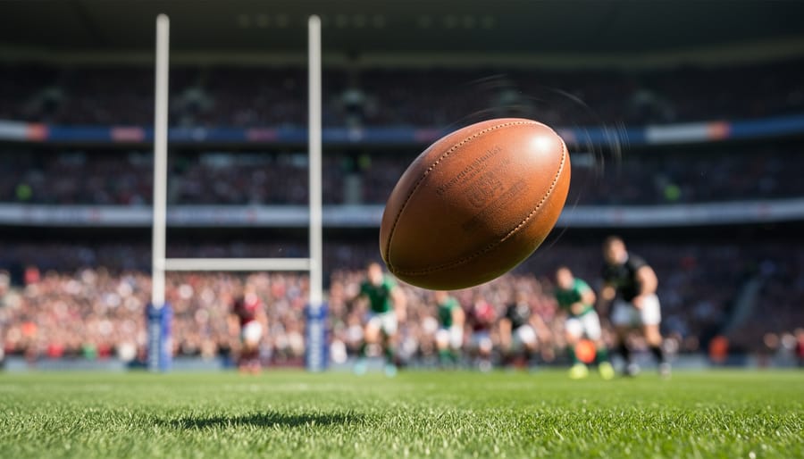Rugby ball captured mid-air during a precise drop goal attempt near the goalposts