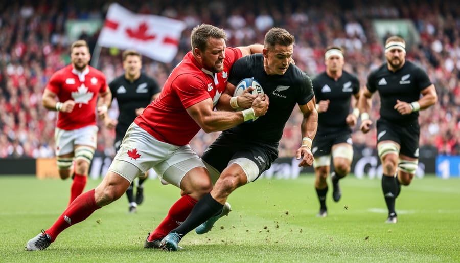 Rugby players from Canada and New Zealand contest possession during a physical match moment on the pitch.
