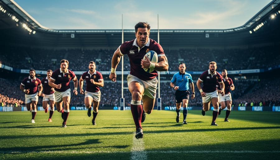 Rugby winger sprinting toward the try line in a Rugby World Cup stadium with teammates and a referee in the background