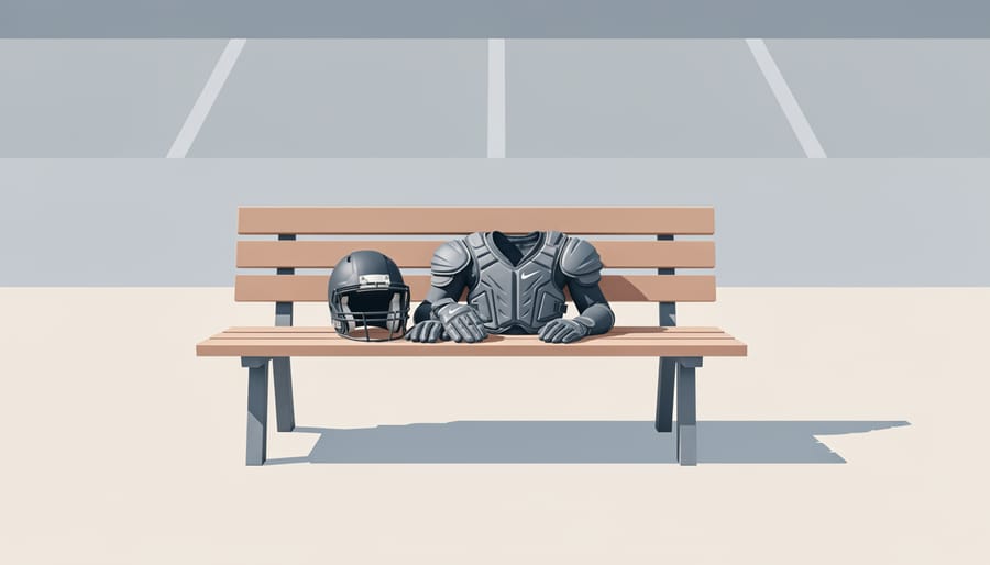 Worn mouthguard and rugby ball on a bench at a community sports facility
