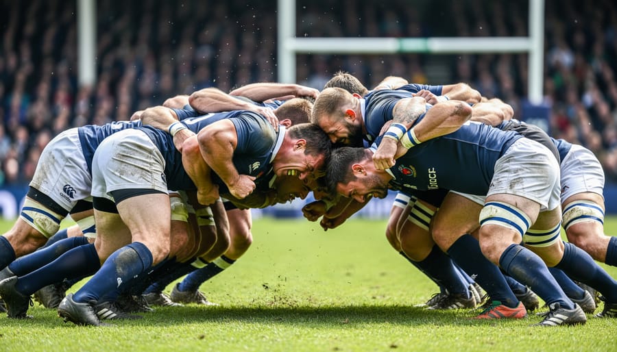 Rugby player in a scrum with teammates and muddy pitch visible in the background