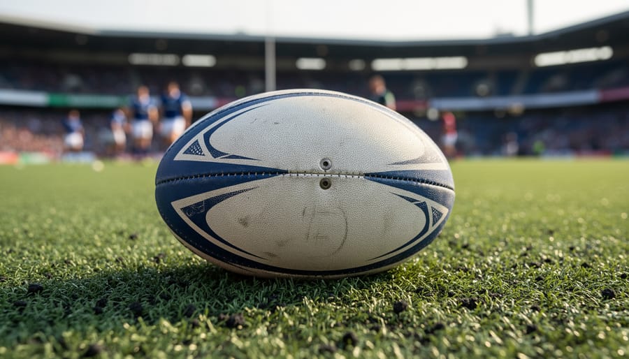 Close-up of a rugby ball on damp grass with players’ cleats in the background