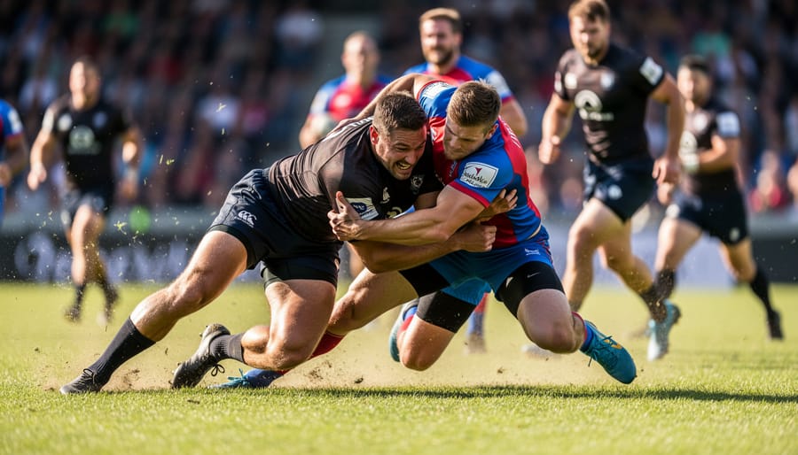 Rugby sevens players in a hard tackle near the try line under stadium lights