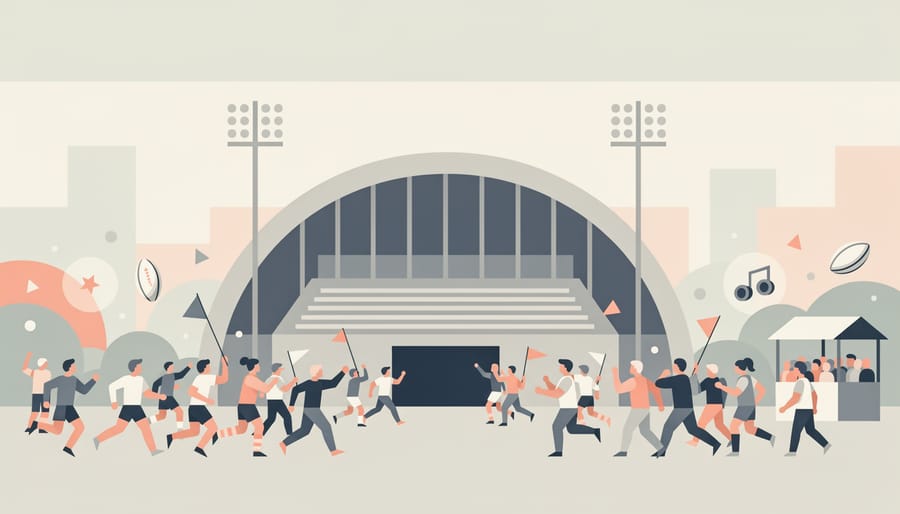 Players and fans moving toward a stadium entrance with stadium lights and cheering crowd in the background