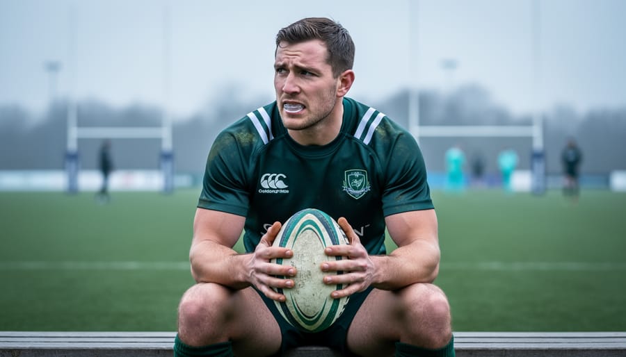 “Rugby player sitting on the sideline bench, holding a rugby ball with a concerned expression, with a blurred field and goal posts in the background.”
