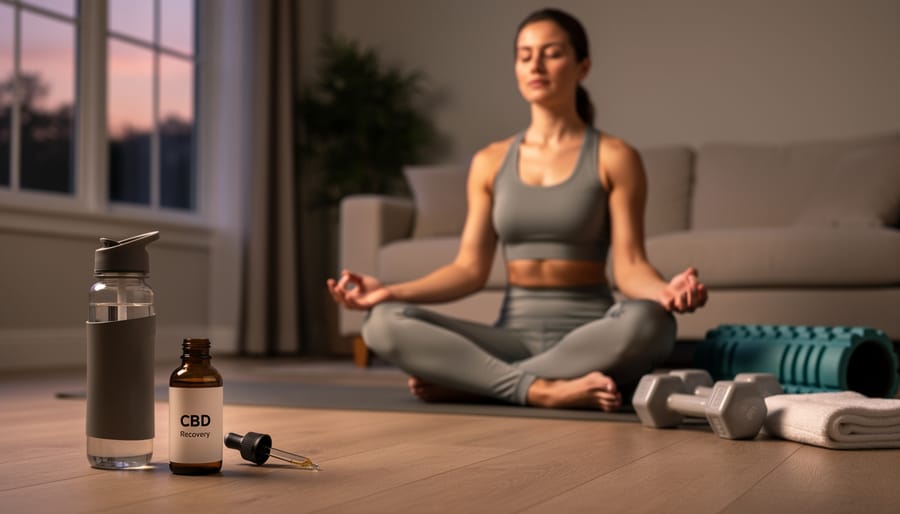 Rugby player stretching on the field at dusk with a CBD product case in their kit bag