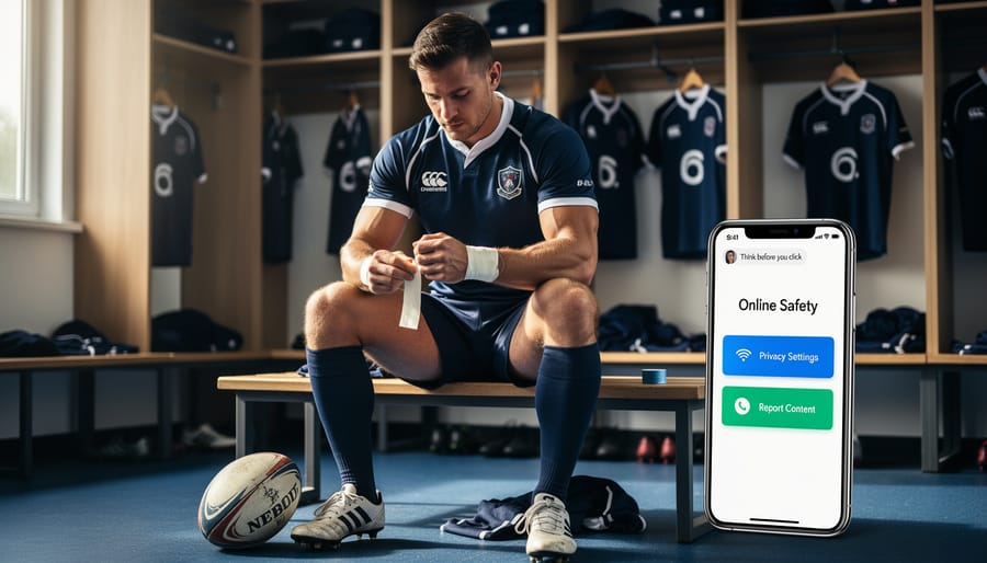 Rugby player tying training tape near a water bottle and clipboard on the field