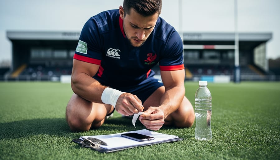 Rugby player tying training tape on a grassy field with a smartphone placed face-down next to a water bottle and clipboard, suggesting responsible, disciplined choices.