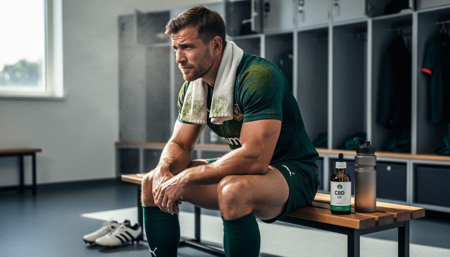 Rugby player sitting on the sideline holding a small CBD oil bottle while taking a recovery moment