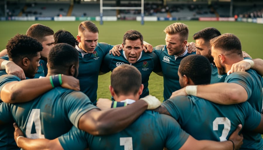 Rugby team huddle outdoors at dusk with players forming a supportive circle