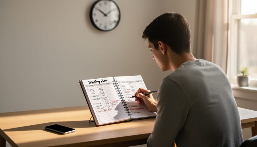 Athlete at a desk with a smartphone placed face-down and a notebook open