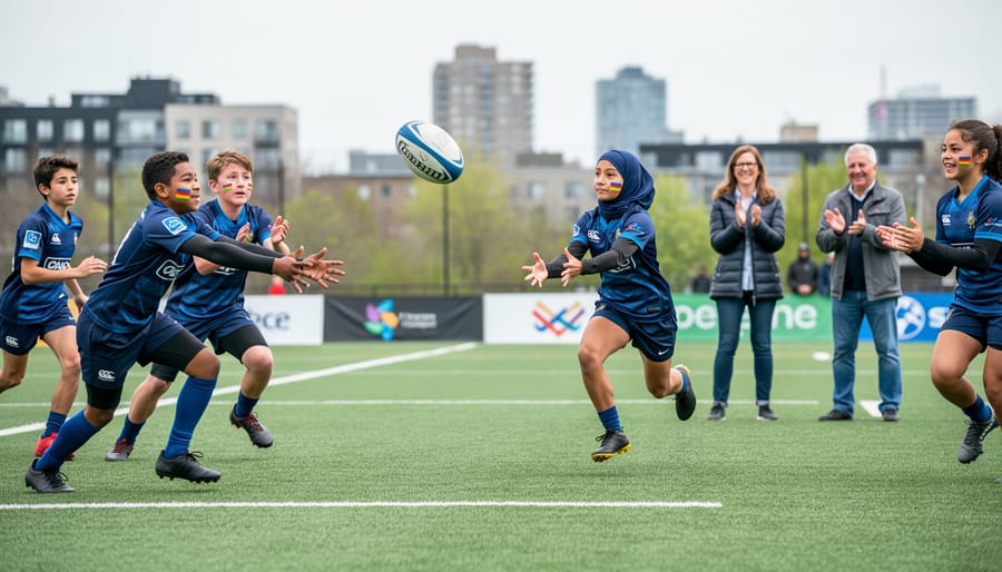 Diverse rugby players in inclusive youth practice on a Quebec outdoor field, with a teen wearing a hijab passing the ball while parents cheer in the background.