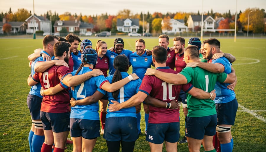 Diverse rugby players and coaches huddling together on a grass field