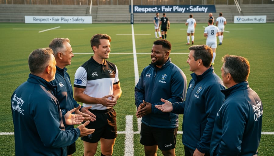 Referee and coach speaking respectfully while players listen nearby