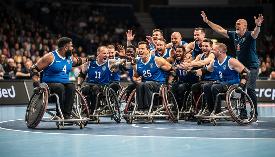 Wheelchair rugby player maneuvering on the court with teammates cheering nearby
